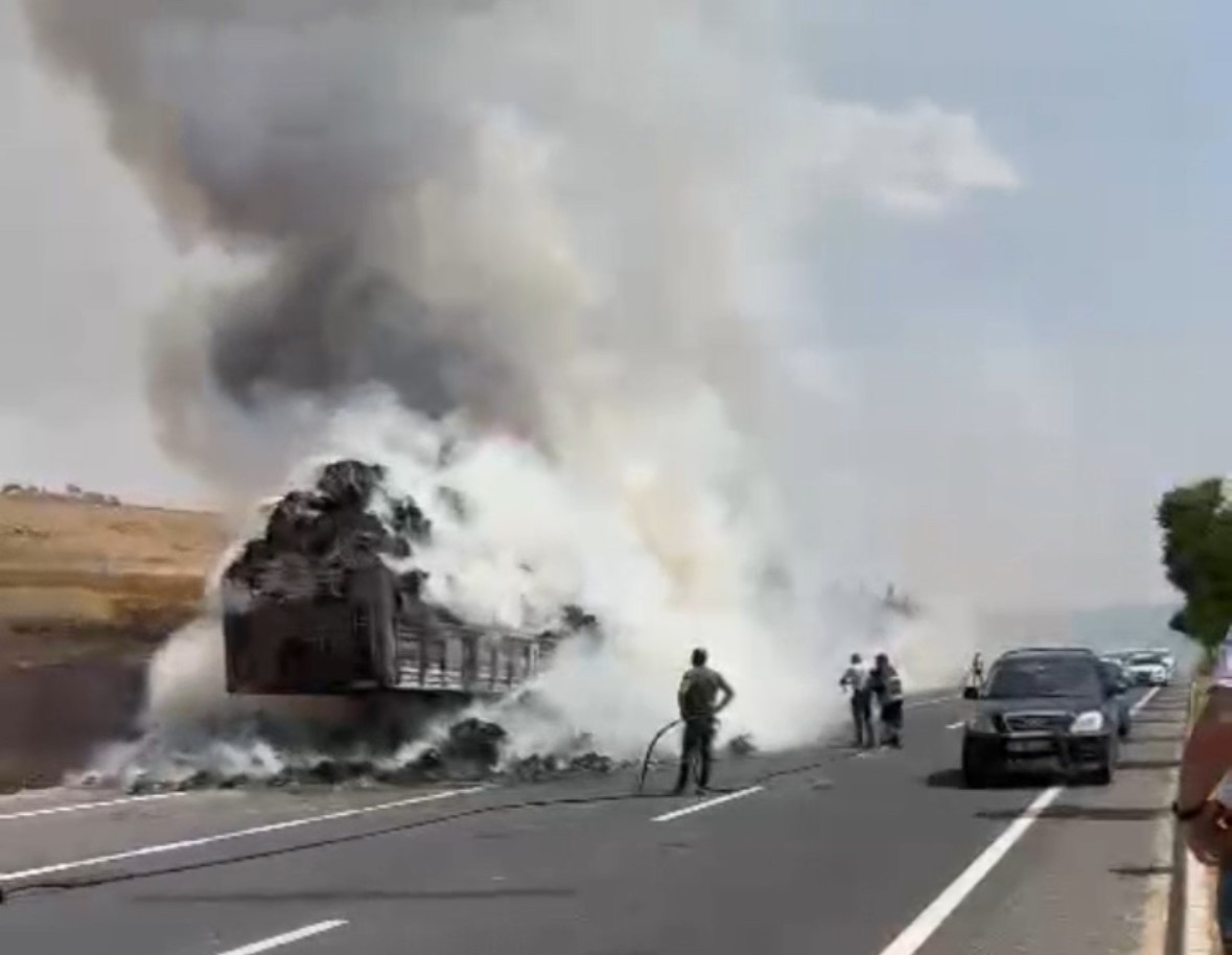 Mardin'de saman yüklü tır alev alev yandı