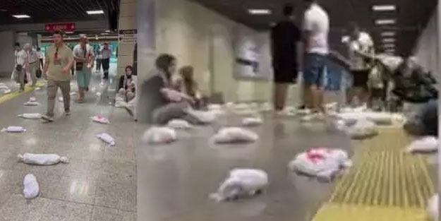 Marmaray'da yere kanlı bebek kefenleri bırakıldı