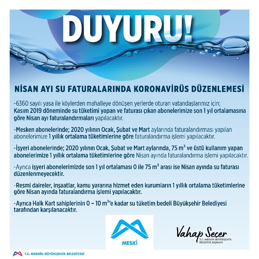 Mersin’de nisan ayı su faturalarında korona virüs düzenlemesi 