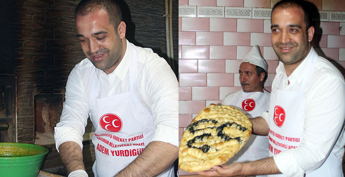 MHP'li aday fırına girdi, 3 hilalli pide pişirdi