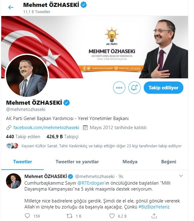 Milli Dayanışma Kampanyası’a Mehmet Özhaseki 5 maaşı ile destek verdi 