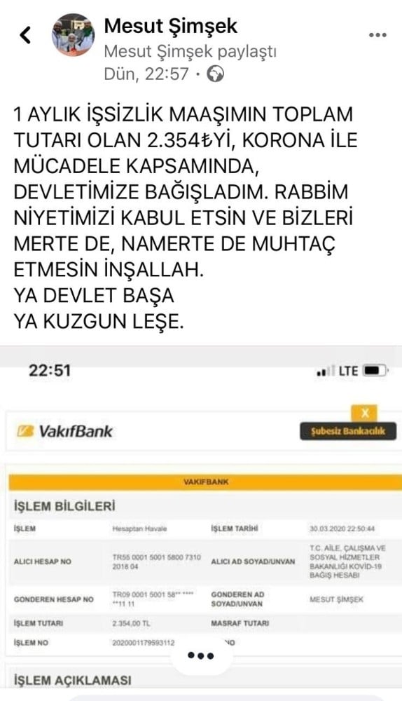“Milli Dayanışma Kampanyası”na işsizlik maaşıyla destek verdi 