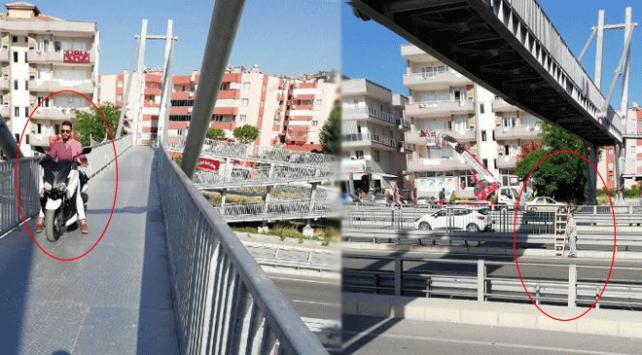 Motosikletli yaya üst geçidinden, yaya ise yoldan geçti