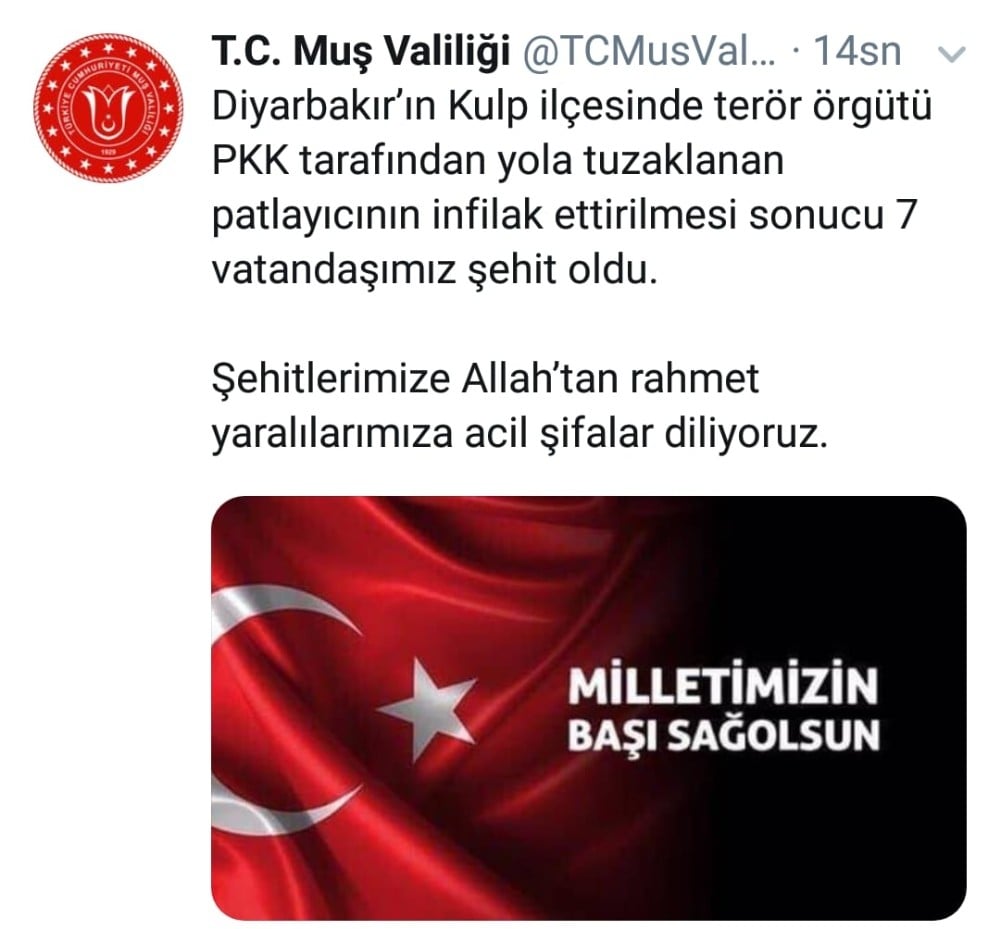 Muş Valiliğinden Diyarbakır’daki sivil şehitler için taziye mesajı 