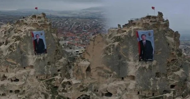 NeDünyanın en yüksek peribacasına Erdoğan posteri asıldı