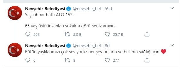 Nevşehir Belediyesi: “65 yaş üstü insanları görürseniz arayın” 