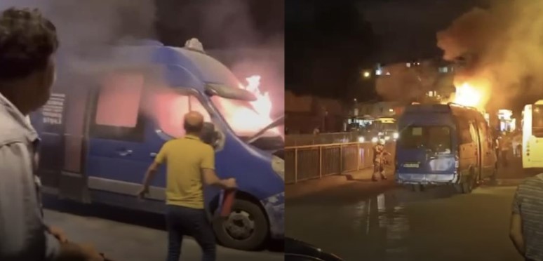Okmeydanı'nda minibüs alev alev yandı! Yolcular canını zor kurtardı!