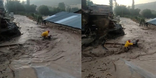 Ölümle burun buruna! Sele kapılan genç son anda böyle kurtarıldı