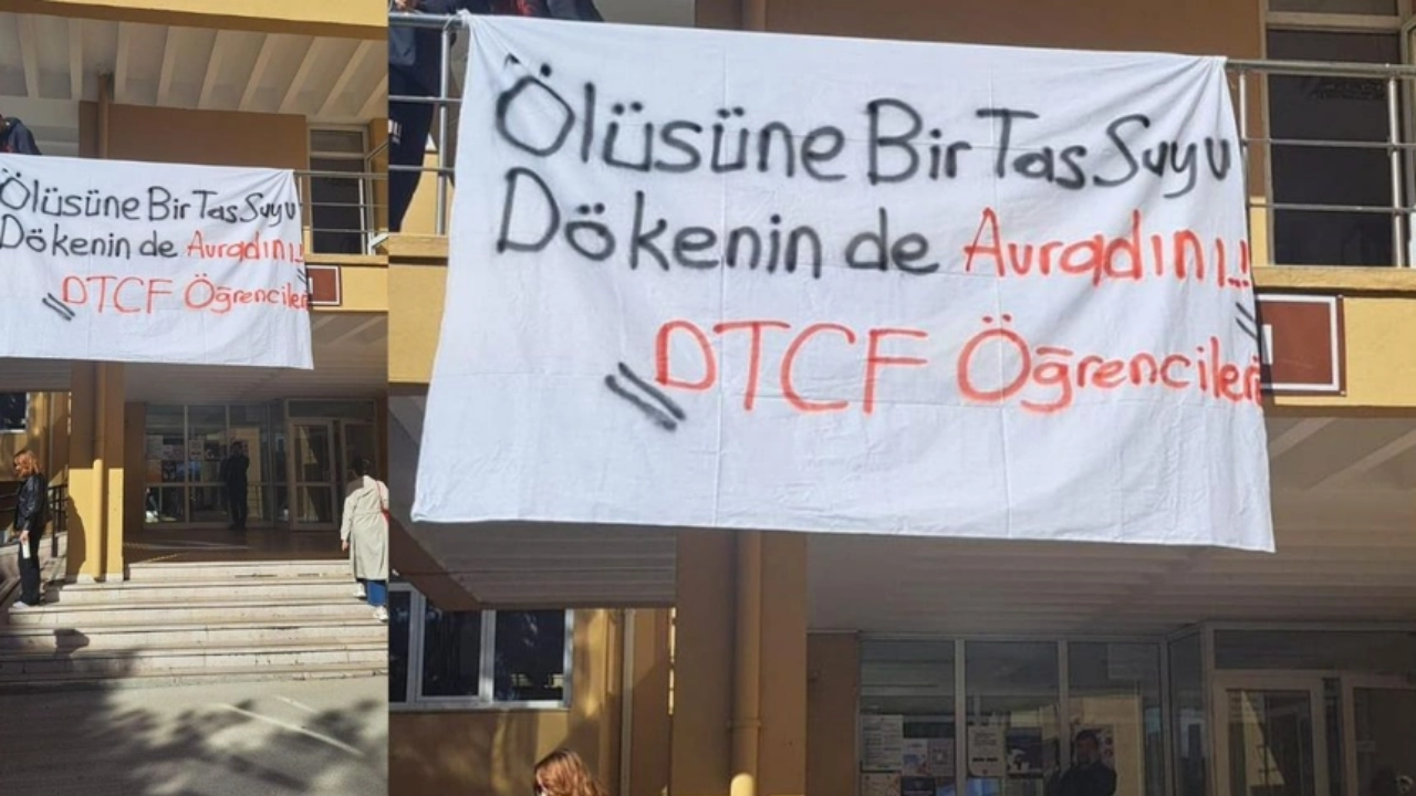 Ölüsüne bir tas suyu dökenin… Üniversite yönetiminden FETÖ pankartına müdahale!