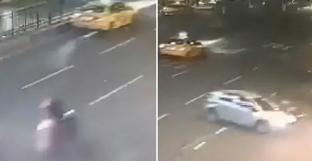 Otomobil çarptı, motosiklet durağa daldı: Olay anı görüntüleri kan donduruyor