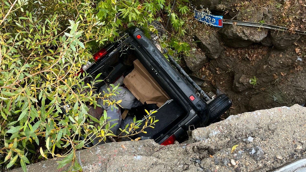 Otomobil köprüden uçtu, ağaçta asılı kaldı