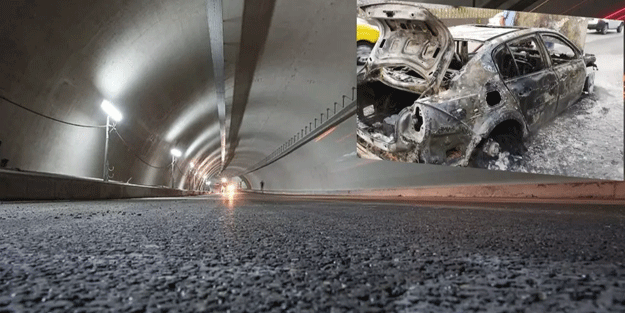 Otomobil tünelde devrilip alev aldı