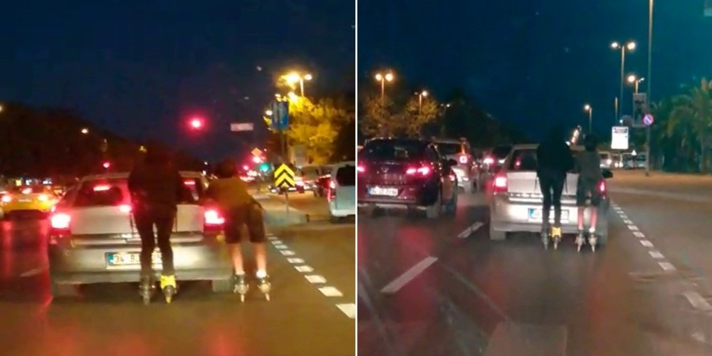 (Özel) Maltepe’de patenli gençlerin tehlikeli yolculuğu kamerada 