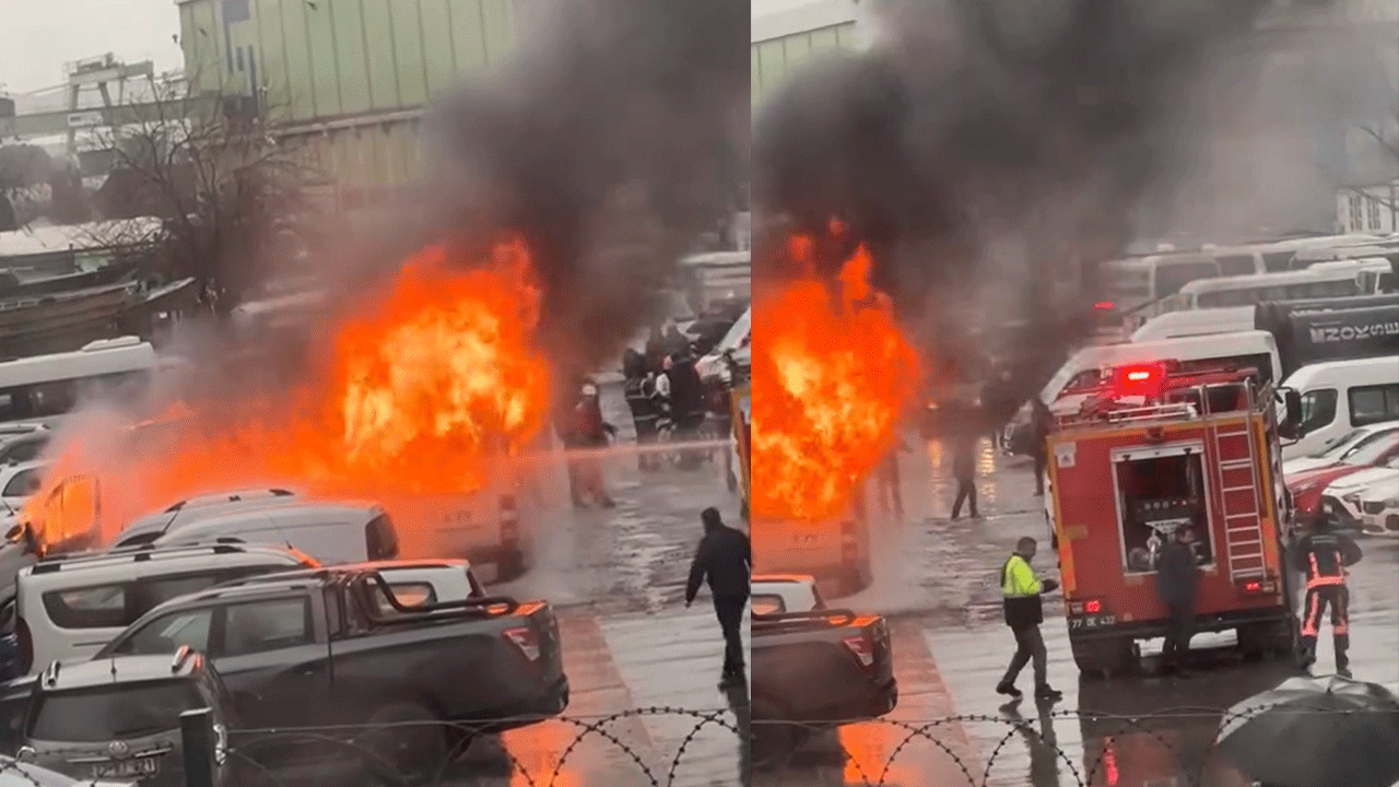 Park halindeki servis aracı alev topuna döndü