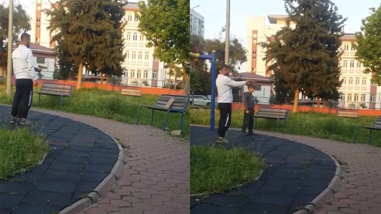 Parkta çocuğa silahla ateş etme eğitimi verdi