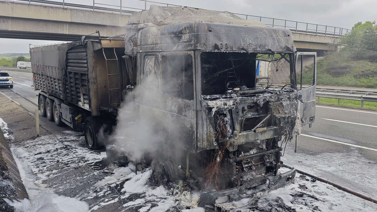Patlayan lastik tırı yaktı: Küle döndü