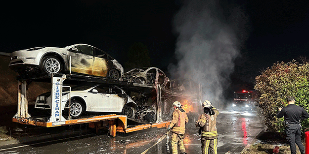 Pendik’te hareket halindeki tırın dorsesinde bulunan 6 otomobil yandı