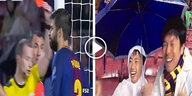 Pique'nin kırmızı kartına sevinen Barcelona taraftarları