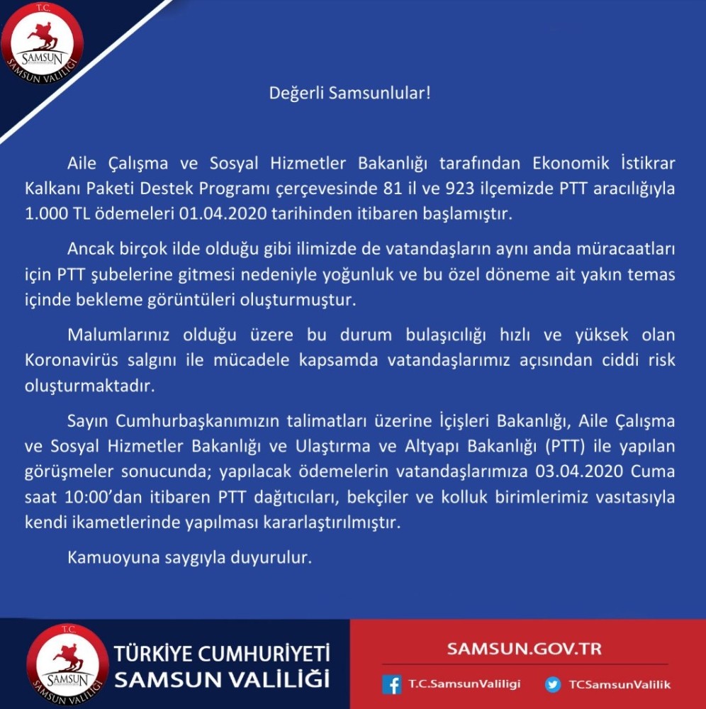 PTT önünde kuyruk oluşturan bin TL destek ödemesi evlerde yapılacak 