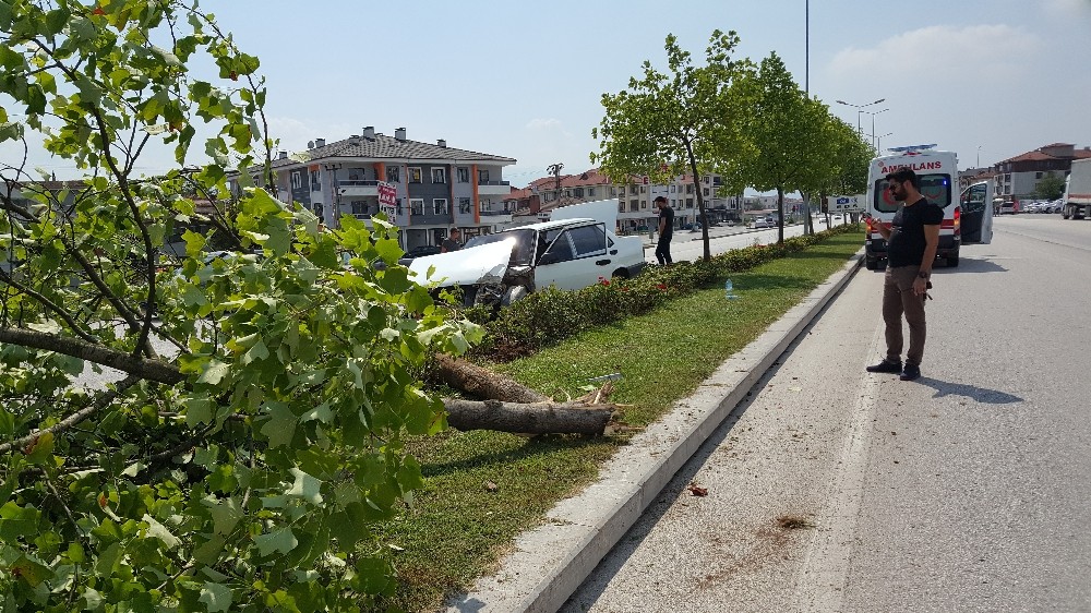 Refüje çıkan otomobil ağaca çarptı: 1 çocuk yaralı 