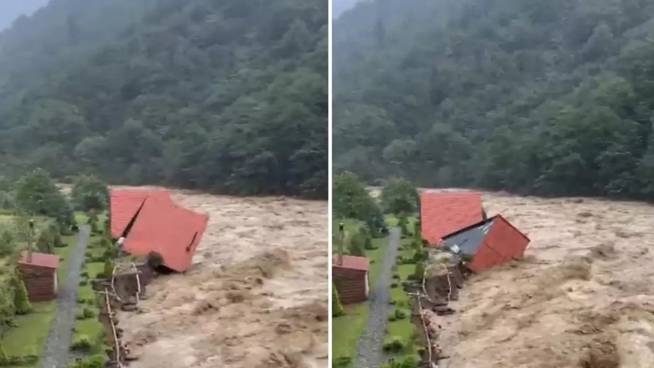 Rize’de büyük sel felaketi! Evlerin sel sularına kapılma anı kamerada