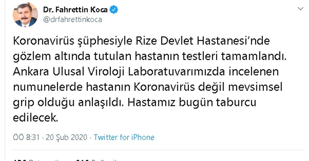 Rize’deki korona virüs şüphesinde sevindirici haber Bakan Koca’dan geldi 