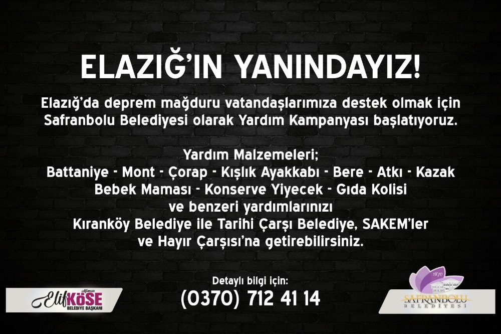 Safranbolu Belediyesi Elazığ için yardım kampanyası başlattı 