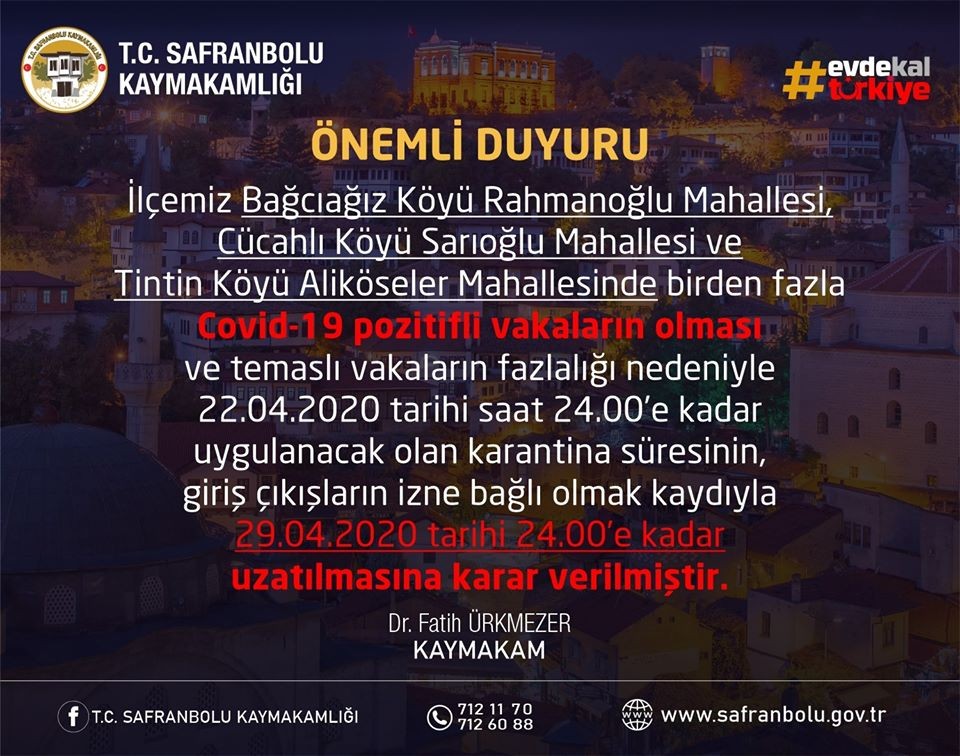 Safranbolu’da 3 köyün mahallelerinde karantina süresi uzatıldı 