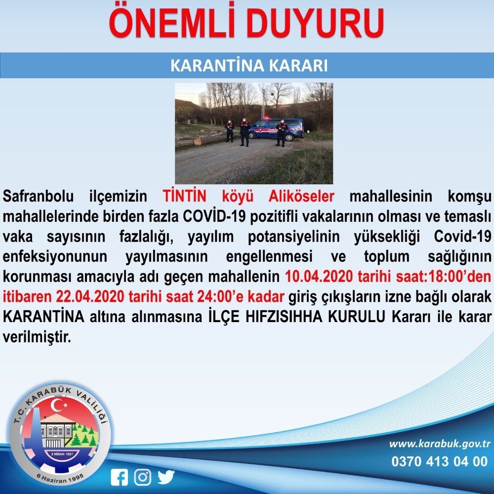 Safranbolu’da üçüncü köy de karantinaya alındı 