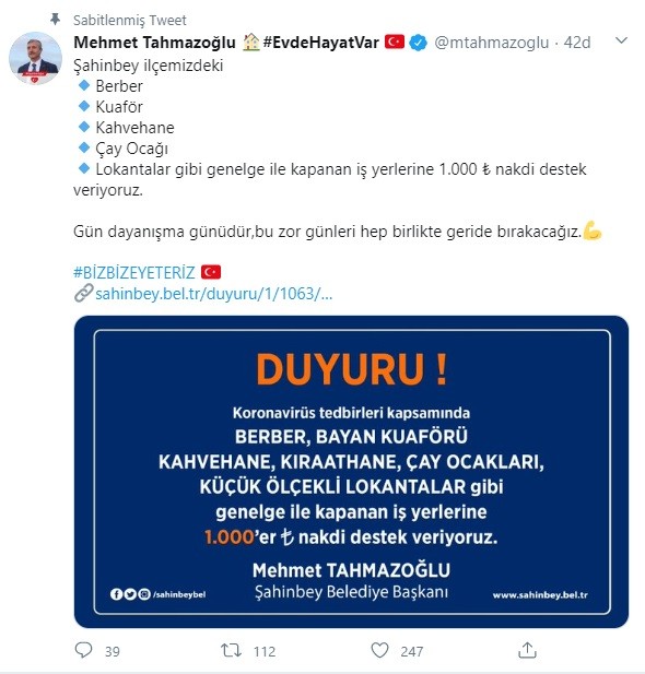 Şahinbey’den esnafa nakit yardımı 