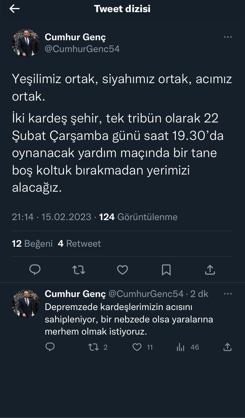 Sakaryaspor Kulübü Başkanı Cumhur Genç: “Acımız ortak”