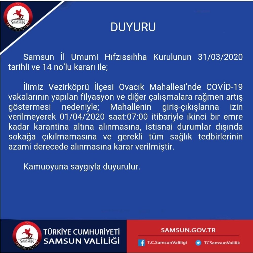Samsun’da bir kırsal mahalle karantinaya alındı 