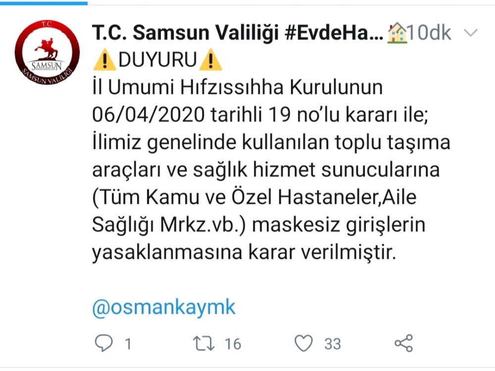 Samsun’da hastanelere maskesiz girmek yasaklandı 
