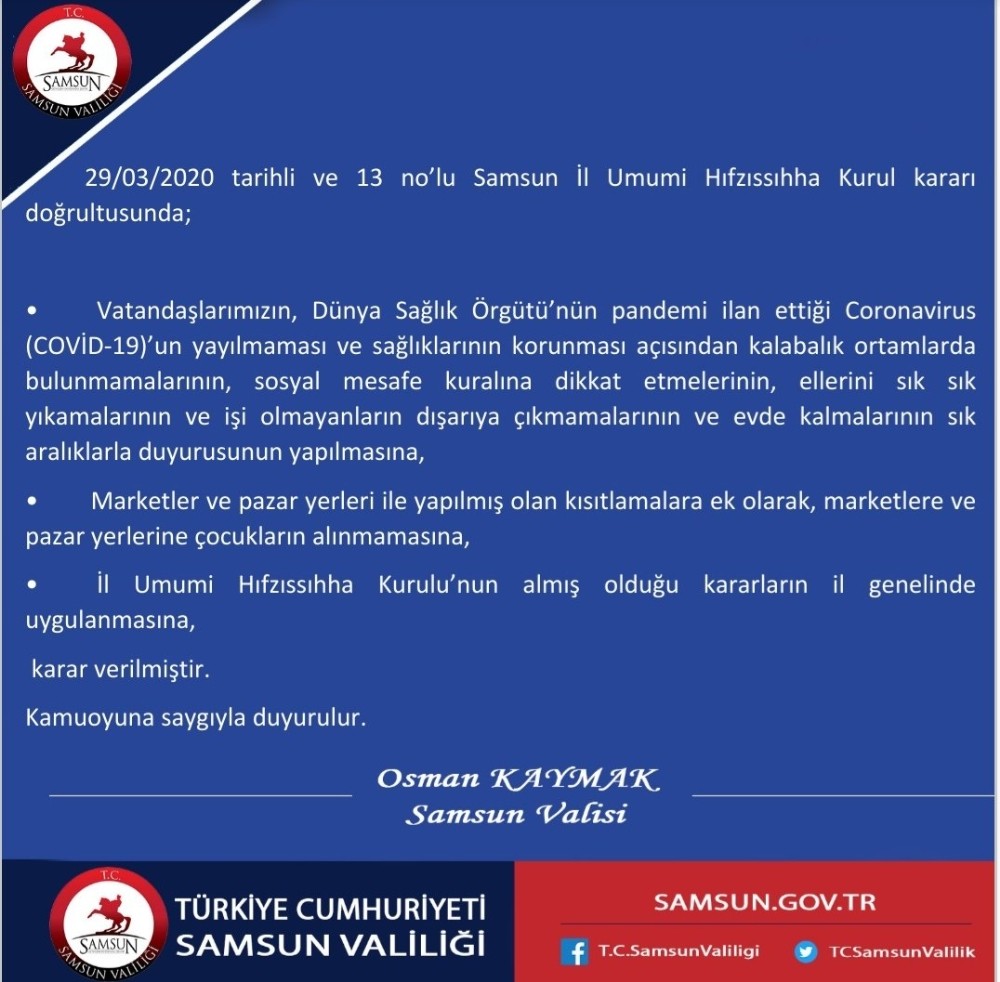 Samsun’da marketlere ve pazar yerlerine çocuklar alınmayacak 