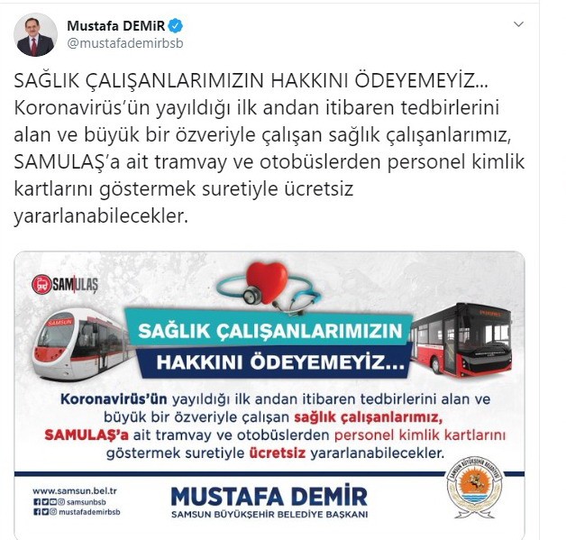 Samsun’da sağlık çalışanlarına ücretsiz ulaşım müjdesi 