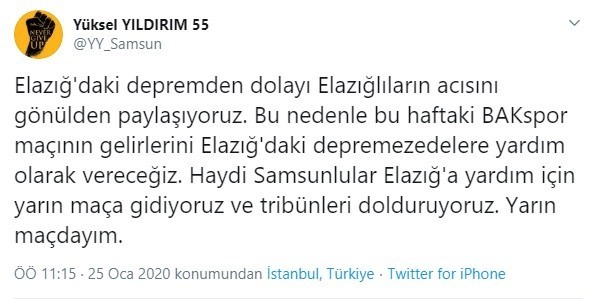 Samsunspor maçının geliri depremzedelere 