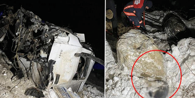 Şarampole devrilen TIR'dan fırlayan sürücü, kaya parçasının altında kalıp hayatını kaybetti