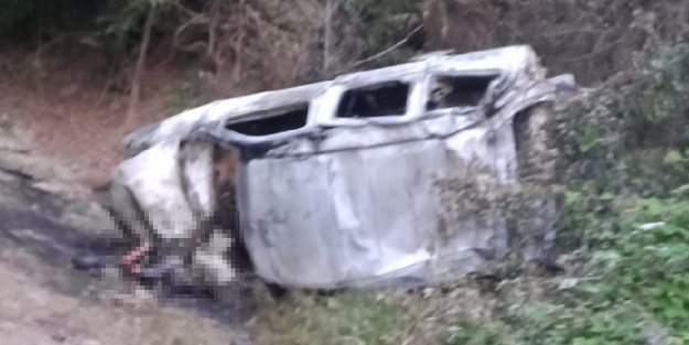 Şarampole yuvarlanan aracın sürücüsü yanarak hayatını kaybetti