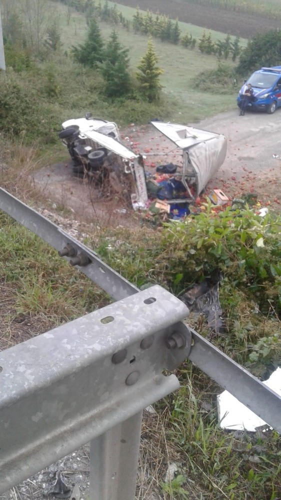 Sebze yüklü kamyonet kontrolden çıkarak devrildi: 2 yaralı 