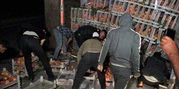 Şeftali yüklü kamyon devrildi:1 yaralı
