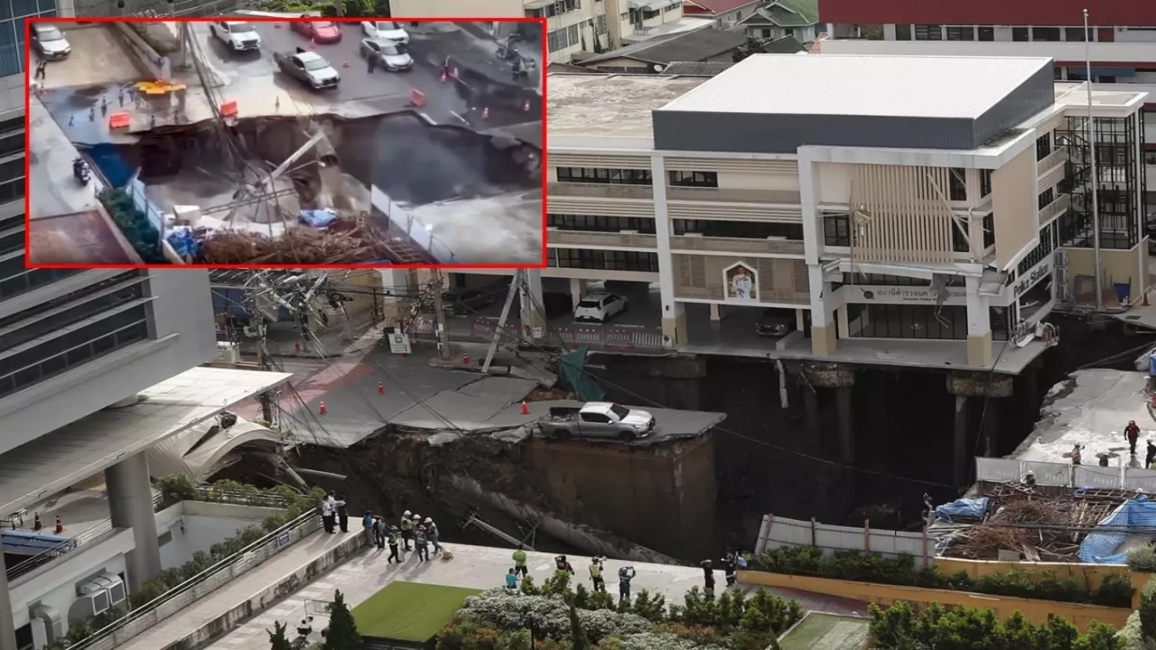 Şehrin göbeğinde yol çöktü, tam 50 metrelik çukur oluştu! Olay anı kamerada