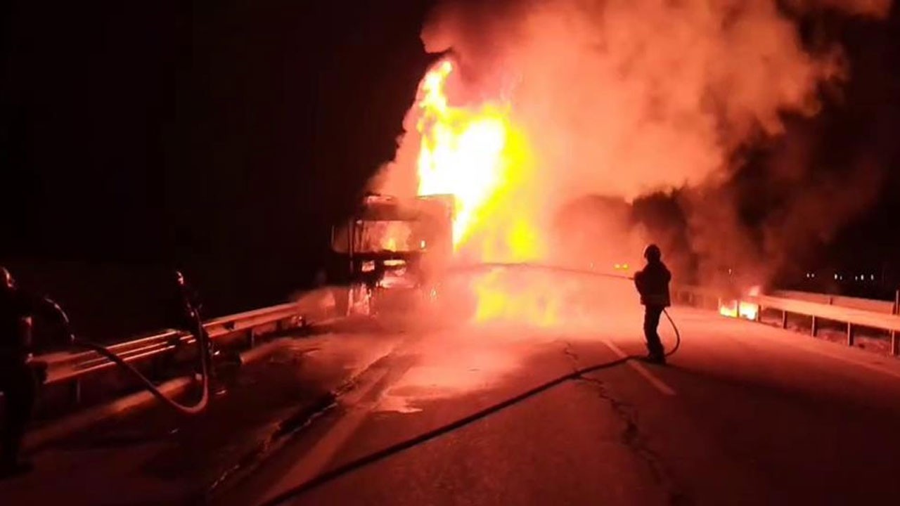 Seyir halindeki tır alev alev yandı