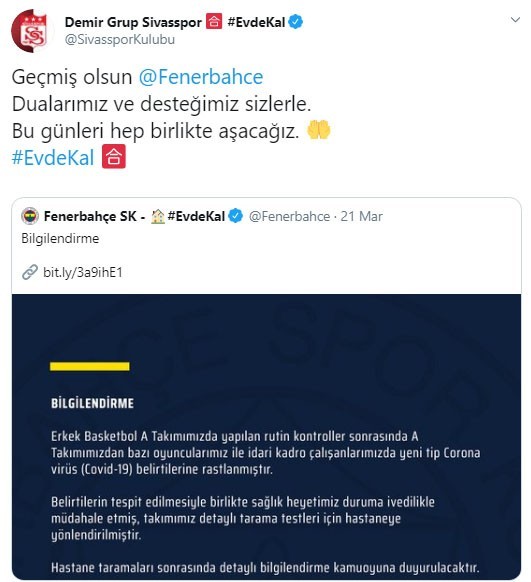 Sivasspor’dan Fenerbahçe’ye geçmiş olsun mesajı 