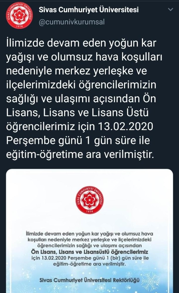 Sivas’ta yükseköğretime 1 gün ara 