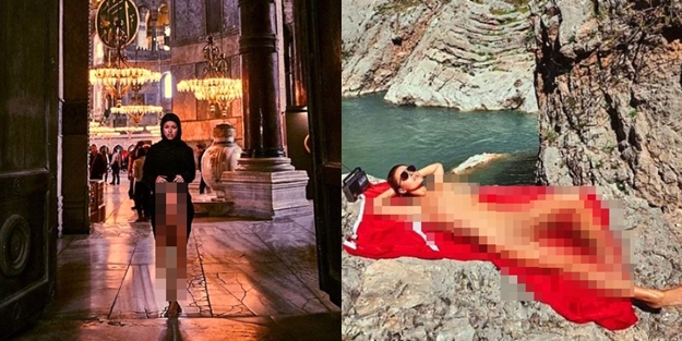 Skandal: Türk bayrağını hakaret etti, Ayasofya Camii'nde alçakça soyundu!