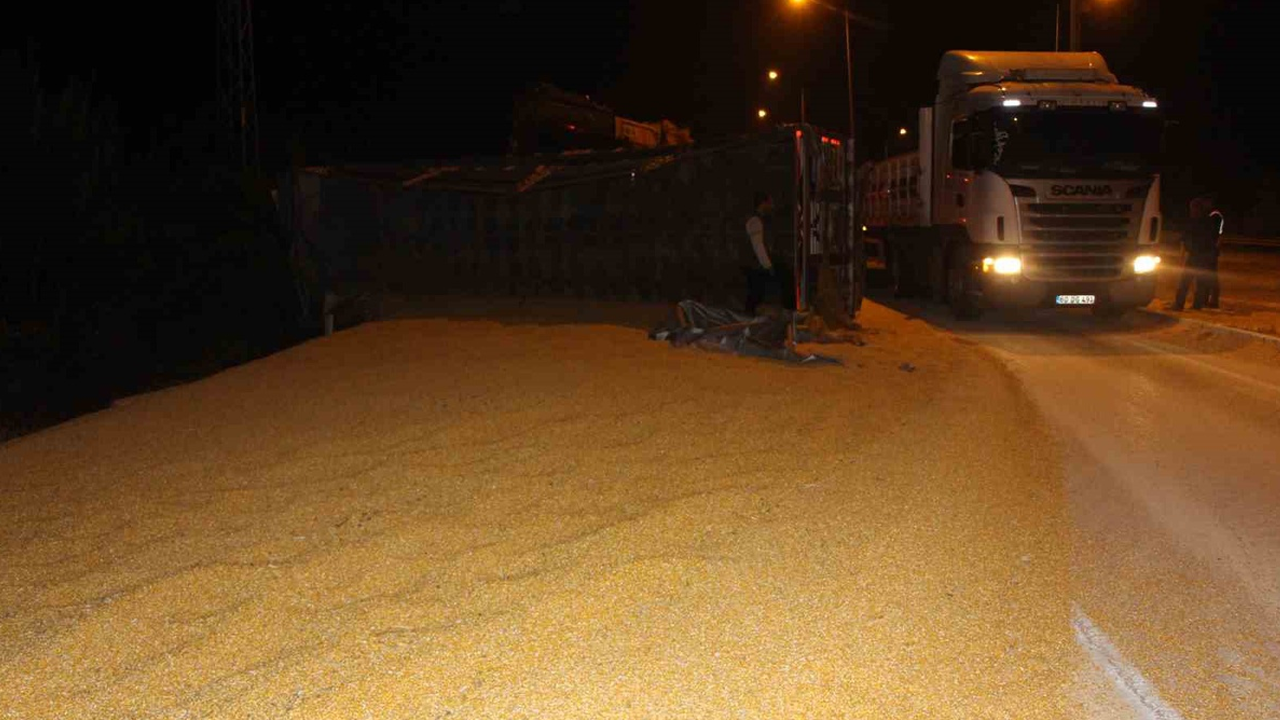 Su içmek isteyen tır sürücüsü kontrolü kaybetti, 25 ton mısır yola savruldu