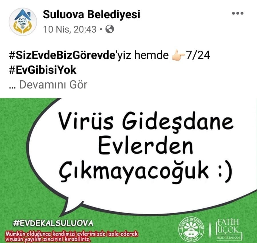 Suluova Belediyesinden halka yöresel dille ‘evde kal’ çağrısı: “Virüs gideşdane evlerden çıkmayacoğuk” 