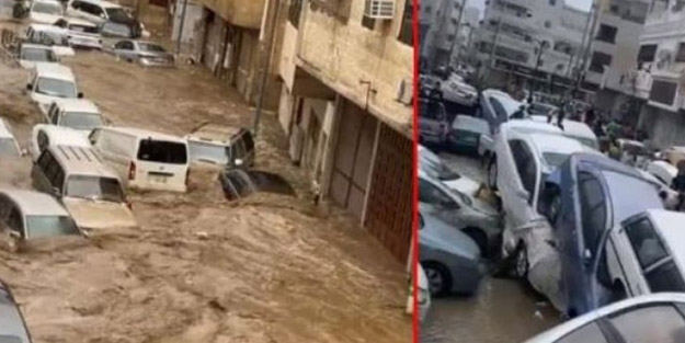 Suudi Arabistan'ı sel altüst etti! Bir çok aracı üst üste attı: Şaşkına çeviren olay sosyal medyada viral oldu