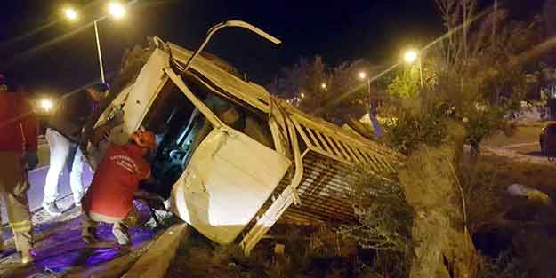 Ters dönen kamyonet zeytin bahçesine uçtu