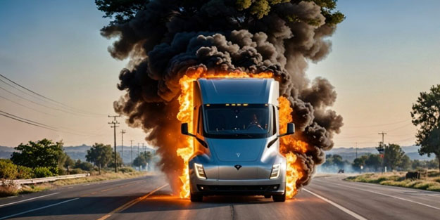 Tesla’nın elektrikli tırı alevler içinde kaldı! İtfaiyenin çabası işe yaramadı